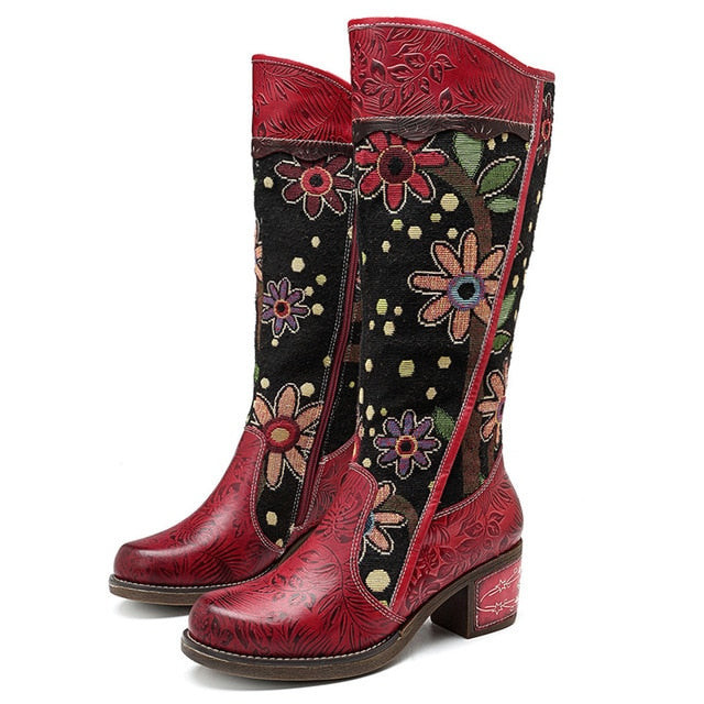 Women Vintage Patchwork Bohemian Genuine Leather Mid-calf Boots