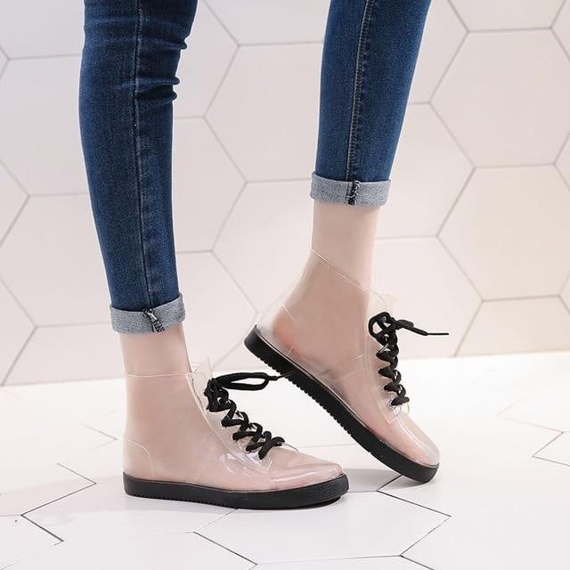 New Arrival Women Transparent Boots Waterproof Rubber Lace Up Colorful Booties