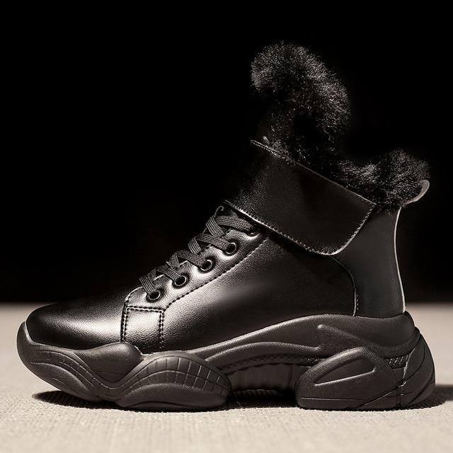 Women Winter Boots Patent Leather Warm Fur Round Toe Platform Snow Boots