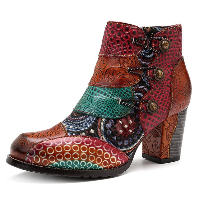 Women Vintage Genuine Leather Splicing Printed Ankle Boots