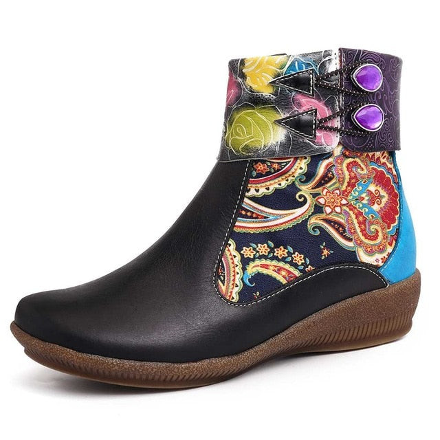 Women Painted Rose Retro Genuine Leather Flat Ankle Boots