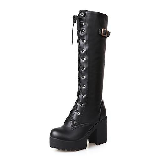Hot Sale Women Lacing Knee High Boots Fashion Square Heel Leather