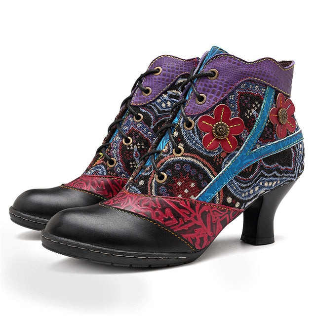 Women Retro Bohemian Genuine Leather Splicing Handmade Ankle Boots