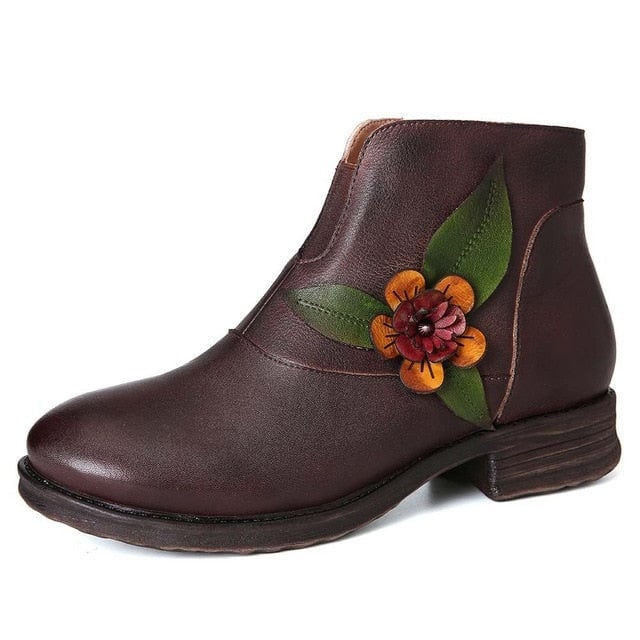 Women Retro Genuine Leather Leaf Floral Flat Ankle Zipper Boots