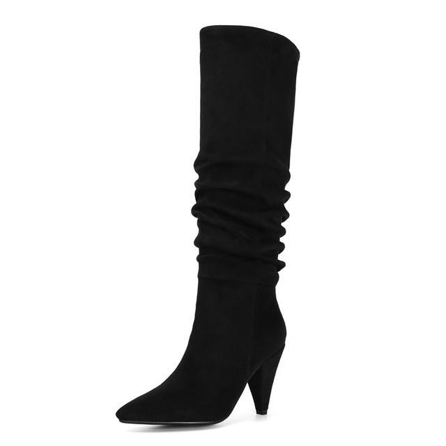Women Winter Knee High Boots Pleated Spike Heels Pointed Toe Fashion Long Boots