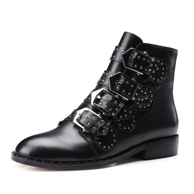 Women Ankle Boots Rivets Faux Leather Buckle Straps Thick Heel Studded Boots