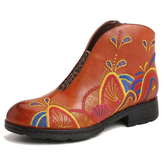 Women Genuine Leather Embroidery Splicing Flat Ankle Boots