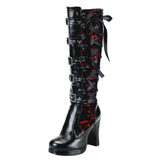 Women Kee High Boots Long Tube Leather Punk Gothic Classic High Heel Knight Boots