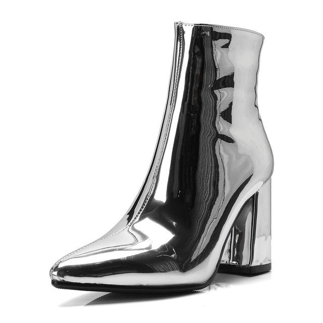 New Fashion Women Ankle Boots Pointed Toe Chunky High Heel Mirror Metallic Sexy Stiletto Boots