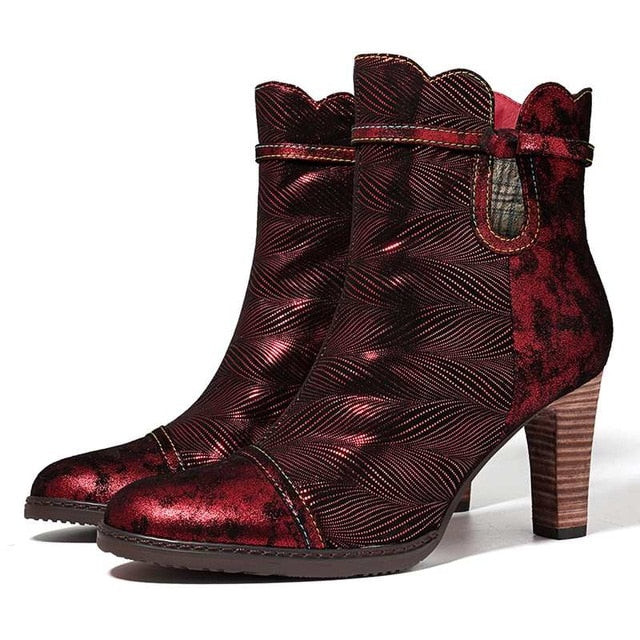 Women Retro Printed Genuine Leather Splicing High Heels Ankle Boots