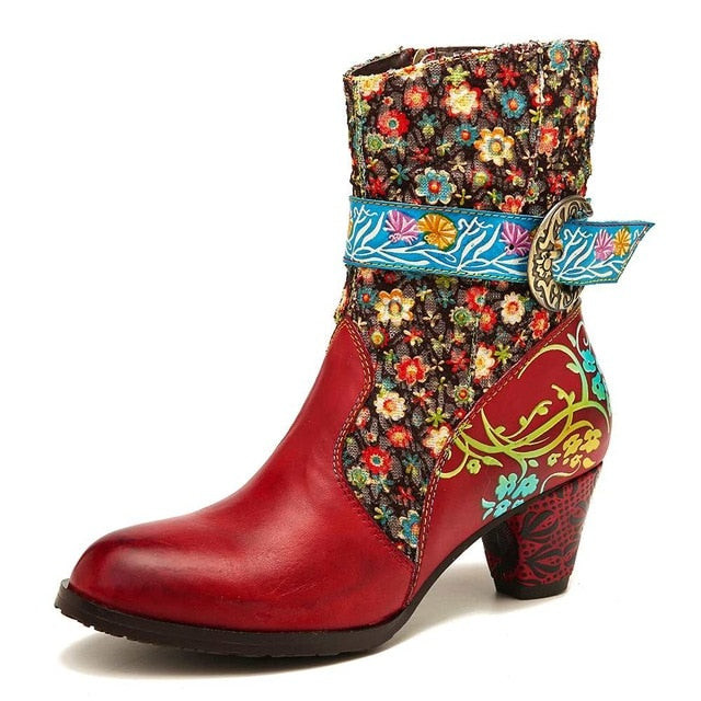 Flower Pattern Stitching Genuine Leather Women Mid Calf Boots
