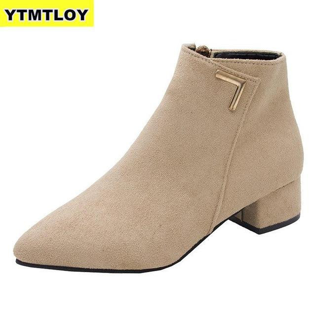 Women Boots High Quality Leather Low Heels Pointed Toe Rubber Ankle Boots