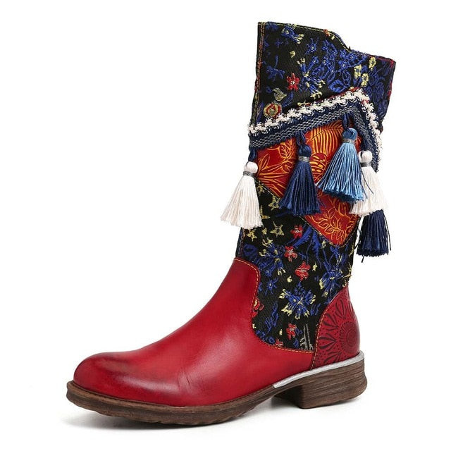 Women Colorful Tassel Retro Folkways Pattern Genuine Leather Mid Calf Boots