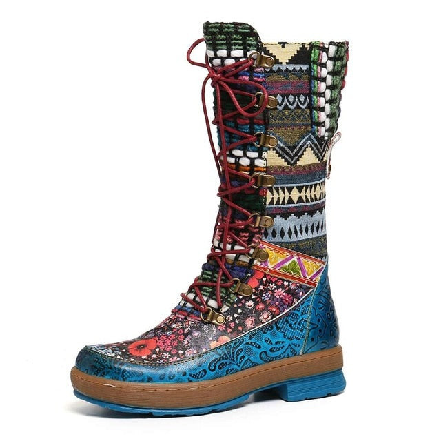 Women Embossed Genuine Leather Colorful Woollen Lace Up Zipper Boots