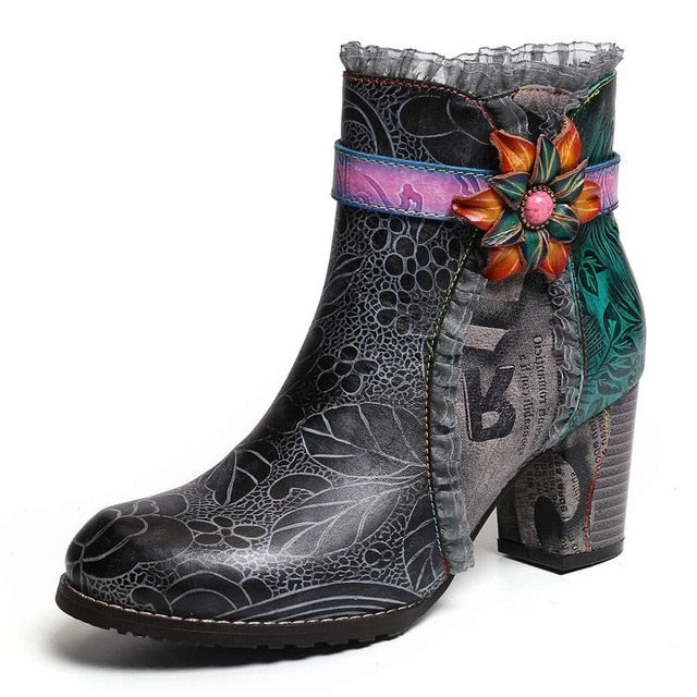 Women Retro Printed Genuine Leather Floral High Heel Boots