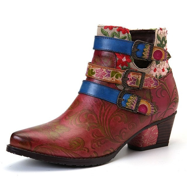 Women Printed Embroidery Metal Buckle Zipper Cowgirl Ankle Boots
