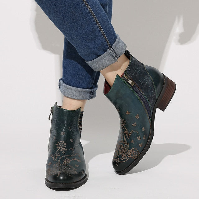 Women Retro Flower Pattern Stitching Genuine Leather Zip Ankle Boots