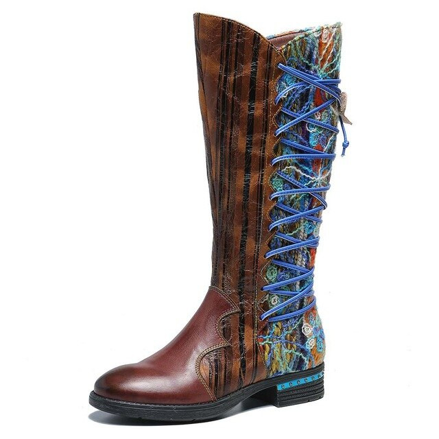 Women Genuine Leather Bark Pattern Mid Calf Boots