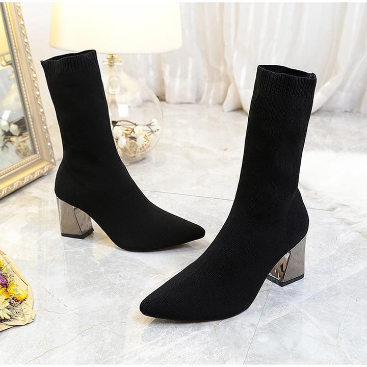 Women Ankle Boots New Fashion Stretch Knitting Pointed Toe High Heels Sock Boots