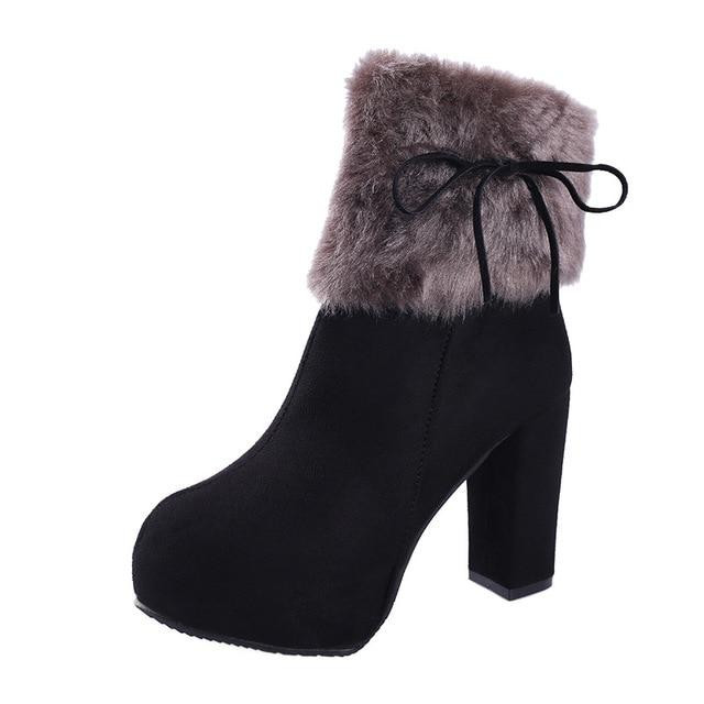 Women Ankle Boots Fur Warm Fashion High Heels Western Style Winter Boots