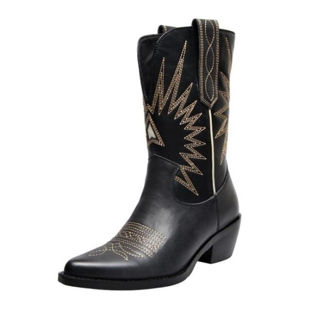 Women Boots Scarpe Embroider Thick Heel Retro Western Cowboy Boots Genuine Leather