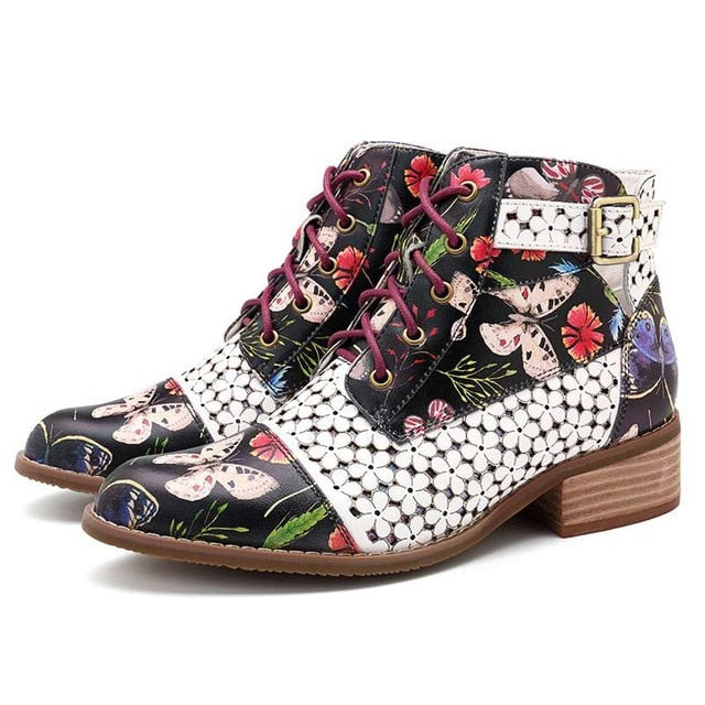 Women Retro Bohemian Printed Genuine Leather Ankle Boots