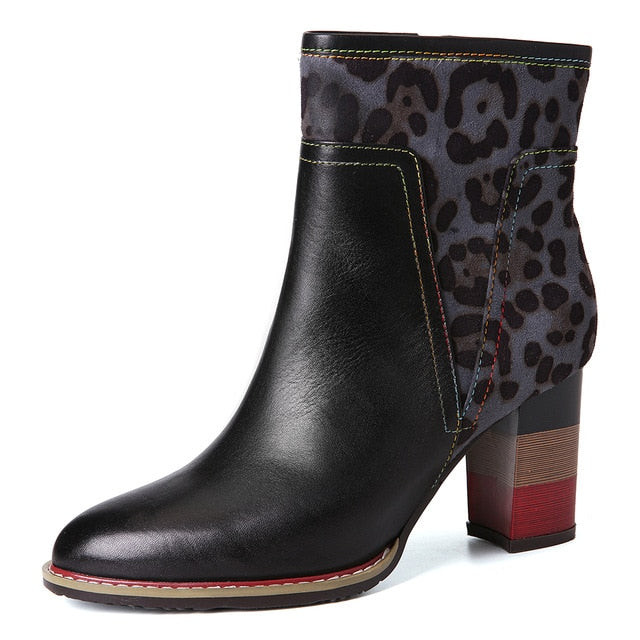 Women Leopard Pattern Splicing Genuine Leather High Heels Boots