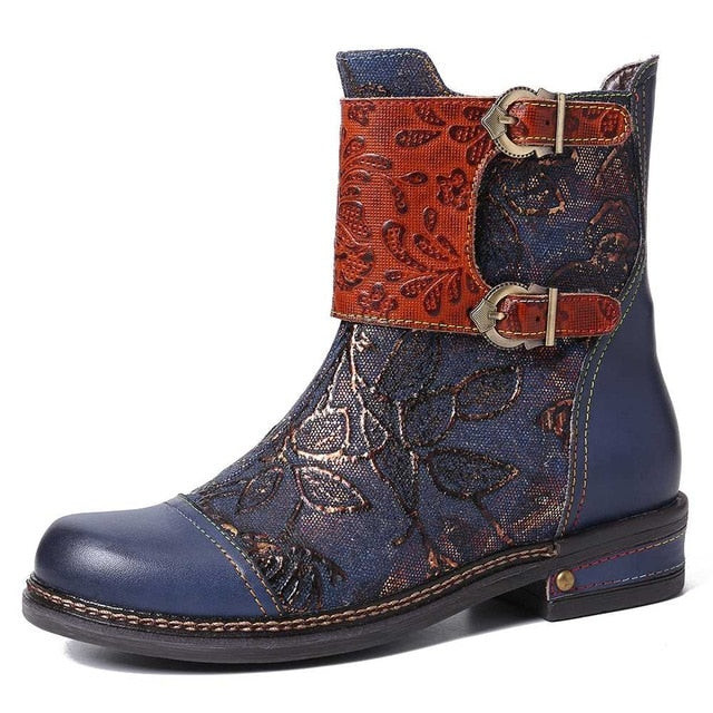 Women Retro Embossed Rose Genuine Leather Colorful Stitching Boots