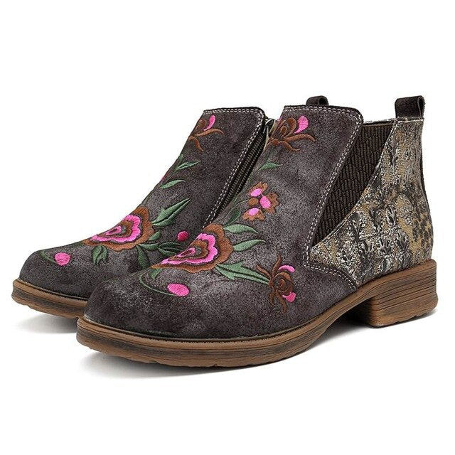 Women Vintage Genuine Leather Embroidery Flower Ankle Boots