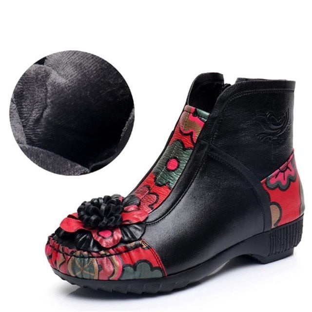 Women Retro Flower Genuine Leather Fur-lined Ankle Boots
