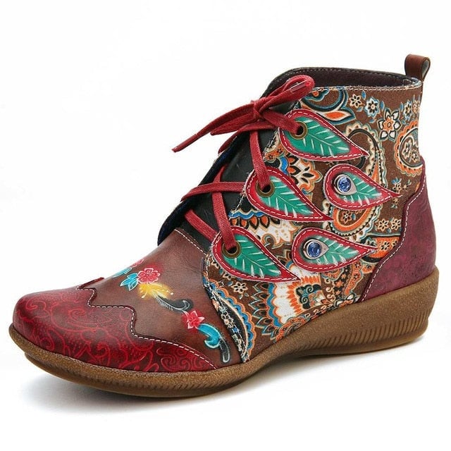 Women Folkways Pattern Genuine Leather Soft Flat Ankle Boots