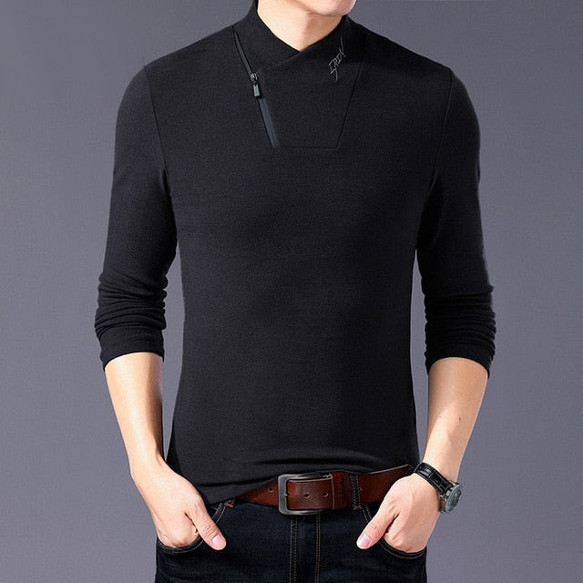 New Style Men Cotton Zipper Collar Long Sleeve T-Shirt