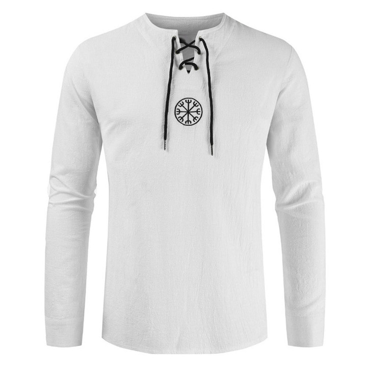 Unique Design Men Ancient Viking Embroidery Long Sleeve T-Shirt