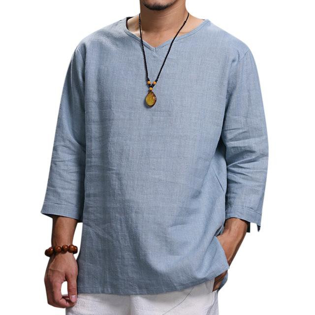 Men Vintage T-Shirts Solid Color V-neck Folded Sleeve Loose Casual Tee