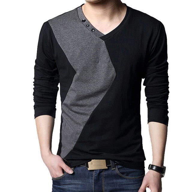 Men Fashion Streetwear Long Sleeve Patchwork Cotton T-Shirt
