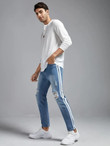 Men Bleach Wash Ripped Frayed Contrast Tape Tapered Jeans