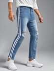 Men Bleach Wash Ripped Frayed Contrast Tape Tapered Jeans