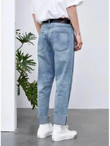 Men High Waist Raw Trim Tapered Jeans Without Belt