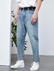 Men High Waist Raw Trim Tapered Jeans Without Belt