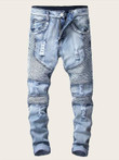 Men Zipper Ripped Washed Moto Jeans