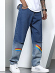 Men Rainbow Striped Ripped Straight Leg Jeans