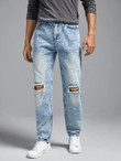 Men Bleach Wash Cut Out Ripped Frayed Straight Leg Jeans