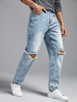 Men Bleach Wash Cut Out Ripped Frayed Straight Leg Jeans