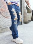 Men Ladder Distressed Bleach Wash Jeans