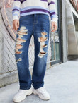 Men Ladder Distressed Bleach Wash Jeans