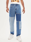 Men Patchwork Frayed Washed Jeans