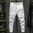 Fashion Men Jeans White Loose Fit Elastic Patch Pocket Hip Hop Joggers Jeans