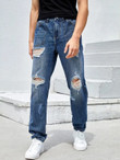 Men Ripped Straight Leg Washed Jeans