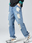 Men Bleach Wash Patched Pocket Side Ripped Frayed Jeans