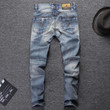 Fashion Streetwear Men Jeans Slim Fit Destroyed Ripped Embroidery Patch Design Vintage Jeans